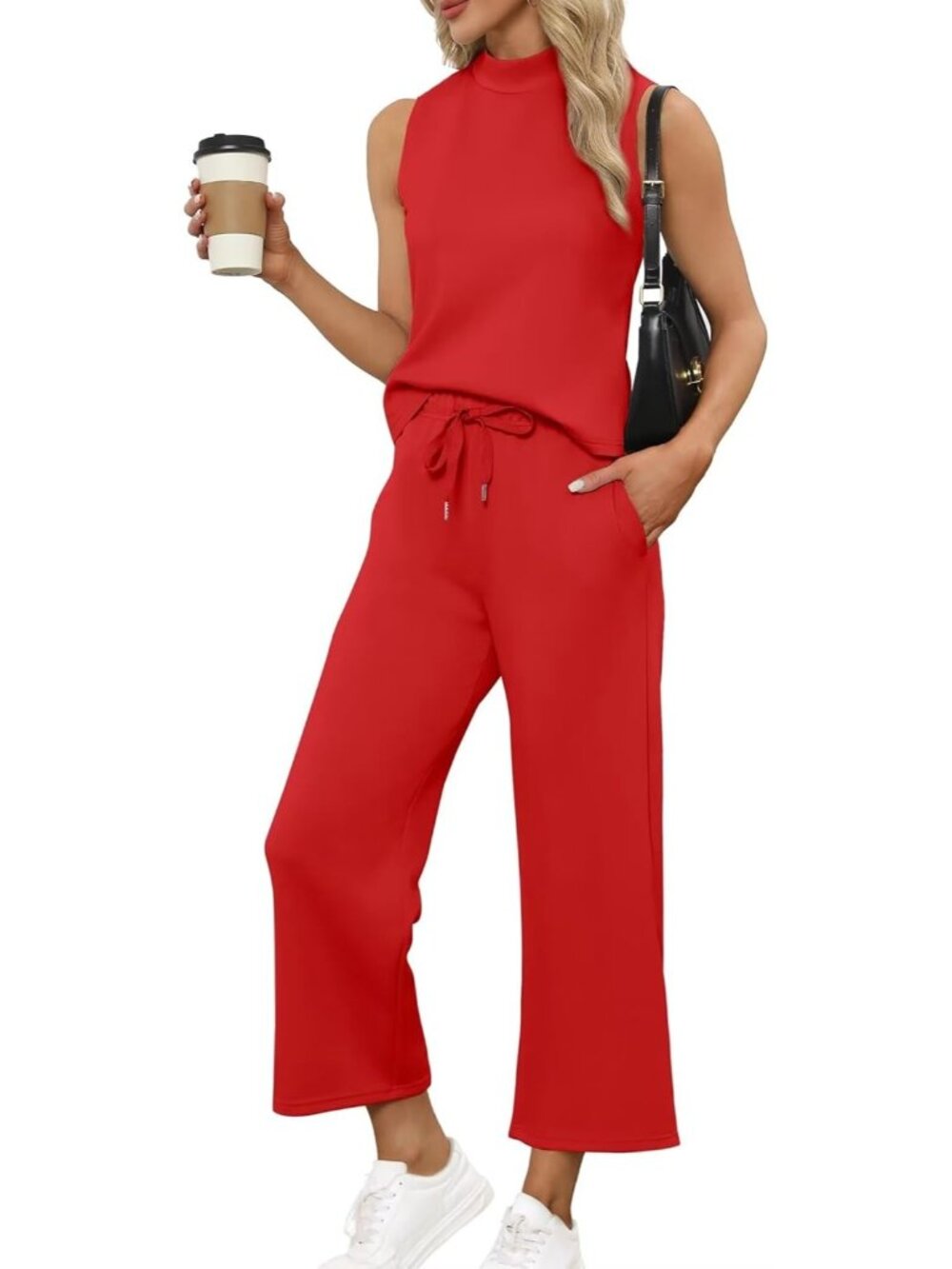 Women's Red Two Piece Set Summer Outfits Lounge Sets Mock Neck Tops Wide Leg